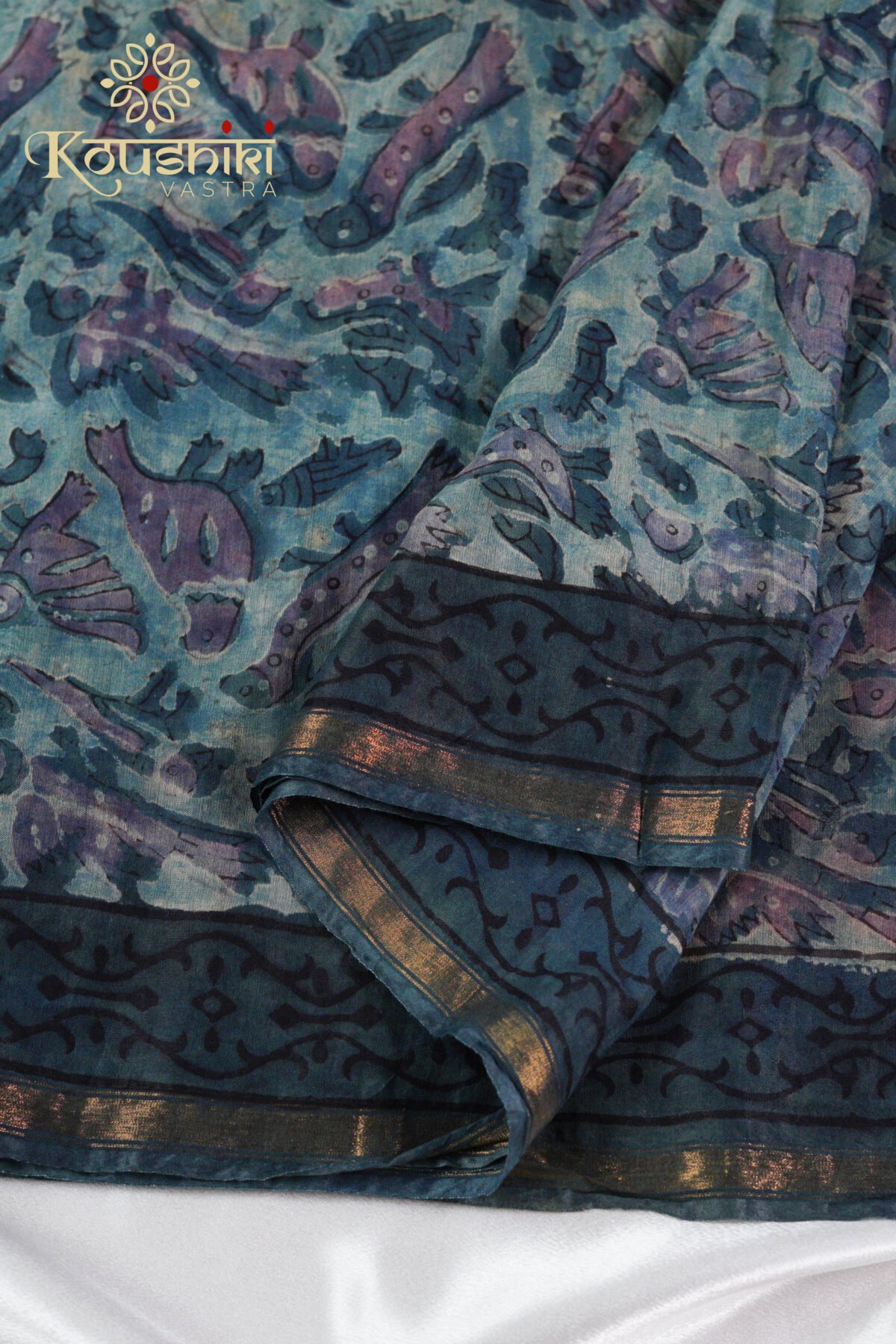Pure Ajrakh Chanderi Silk – Blue - Image 6